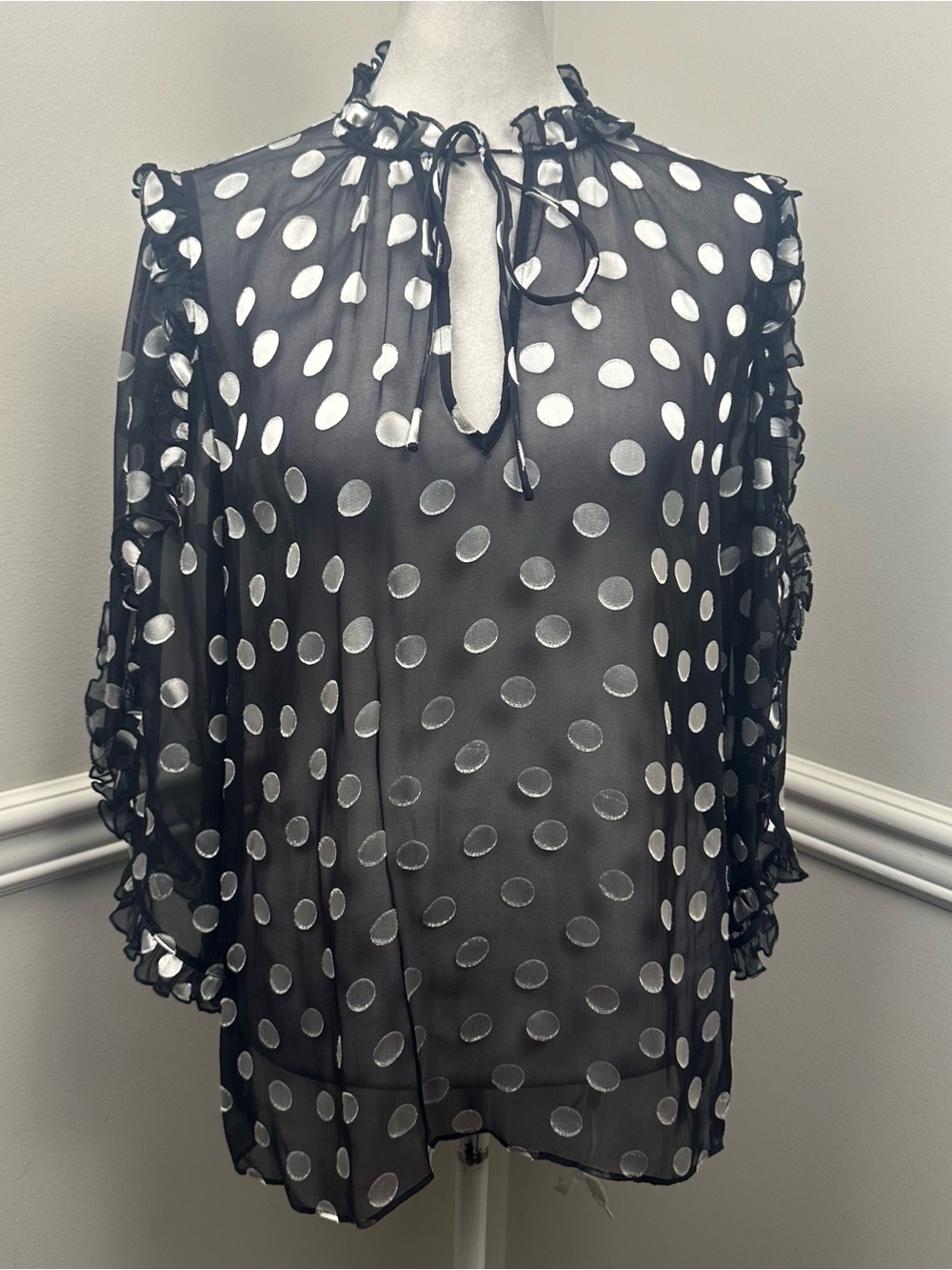 Alice + Olivia Black Sheer Silk Blend Polka Dot Ruffle Tie-Neck Blouse S
